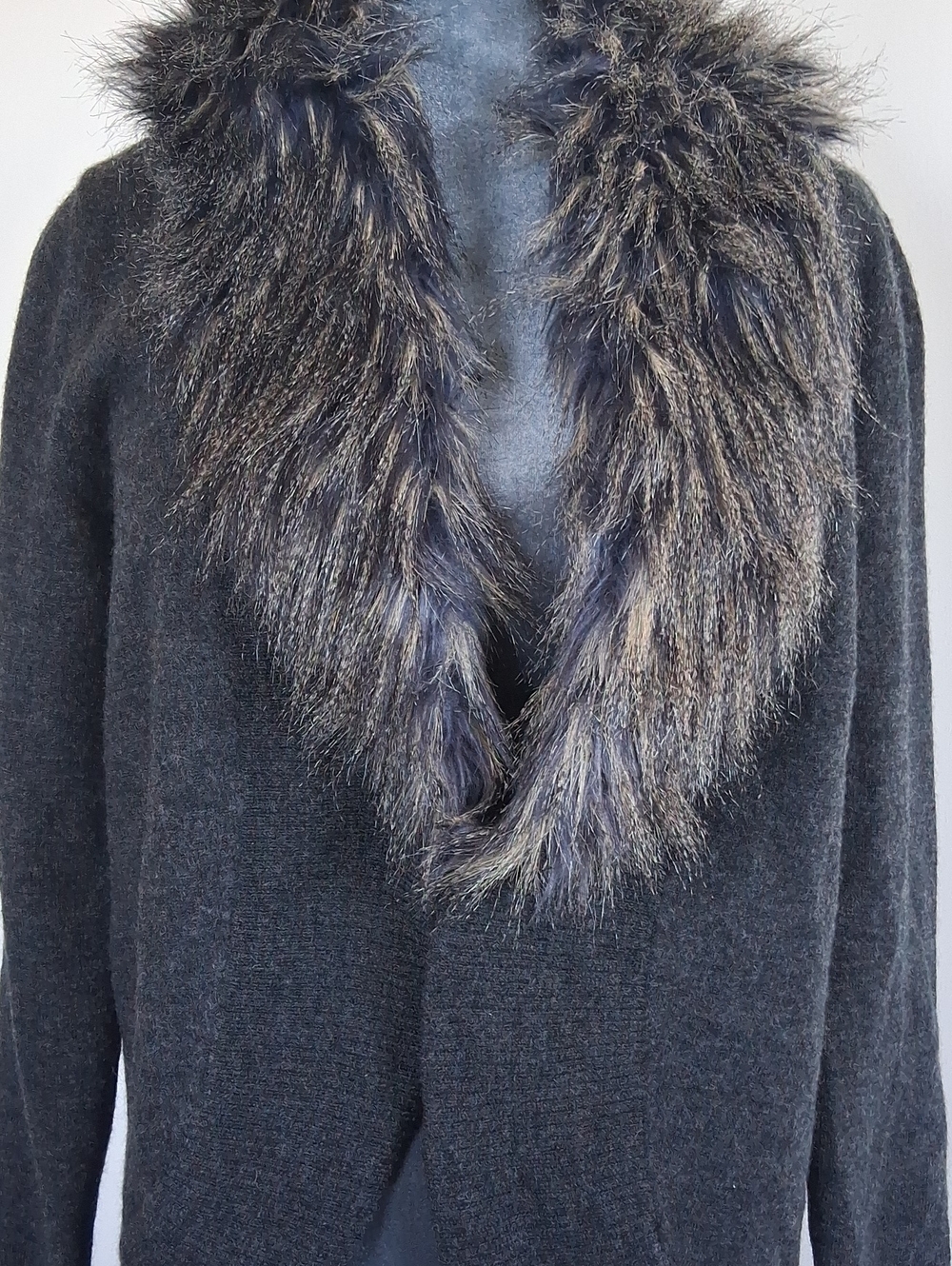 Chico's Charcoal Gray Sweater Cardigan with Faux-Fur Trim